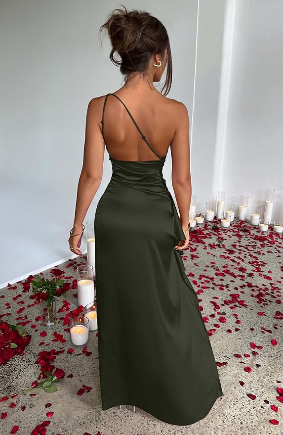 One-Shoulder Satin Split Maxi Dress